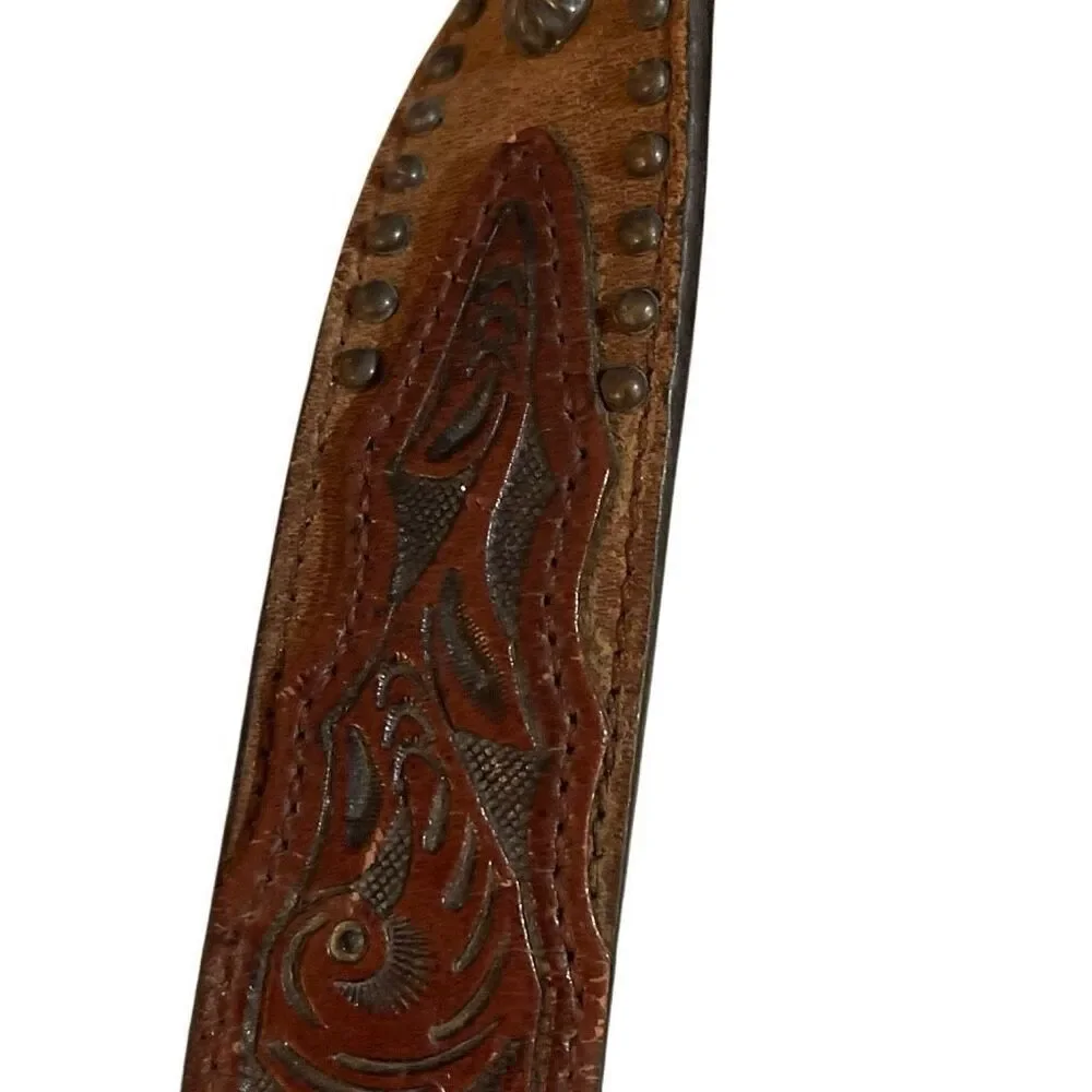 3D Belt Vintage Kids Leather Hand Tooled/Studded Copper Buckle Belt